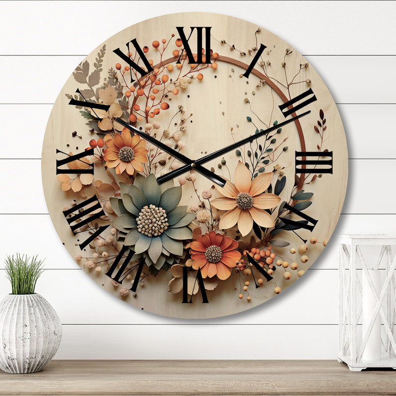 Horloge murale florale en bois beige et orange I, Petit