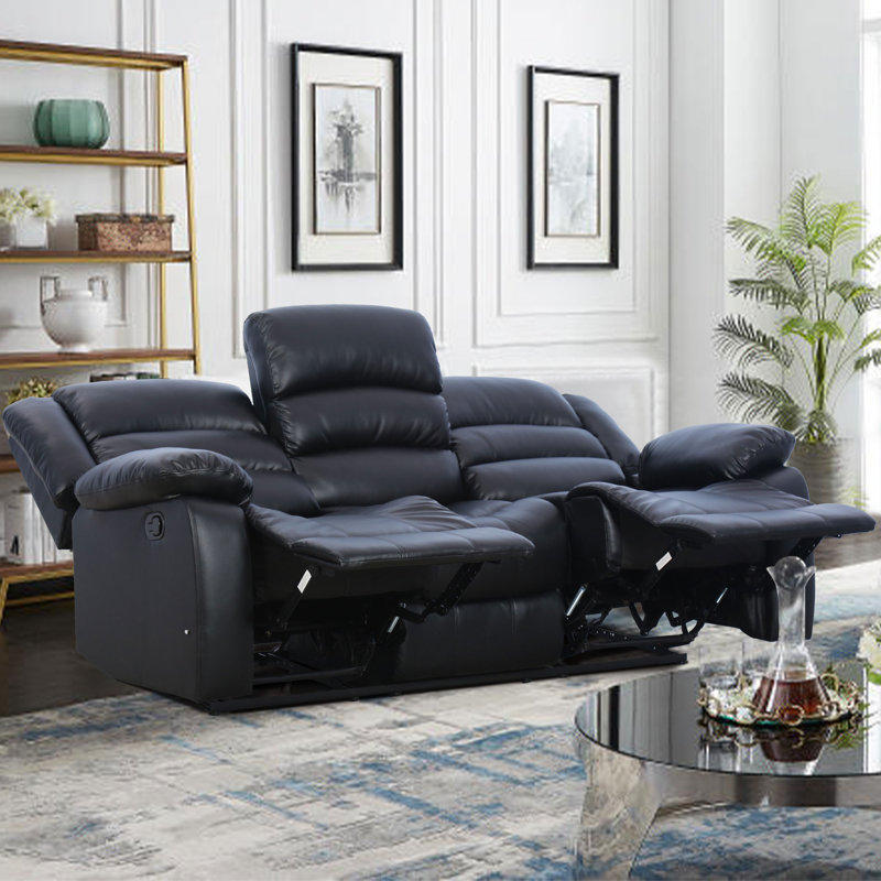 Emryn 81.5'' Wide Modern and Super Soft Faux Leather Manual Reclining Sofa with Wide Backrest, Black