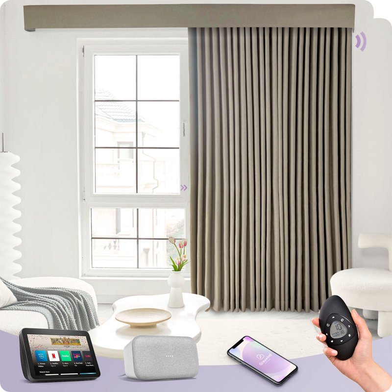  Rideaux intelligents rechargeables compatibles avec l'application Alexa Drapé motorisé à télécommande pour porte coulissante à sens unique ou divisé, largeur personnalisée jusqu'à 220 po (beige moka)