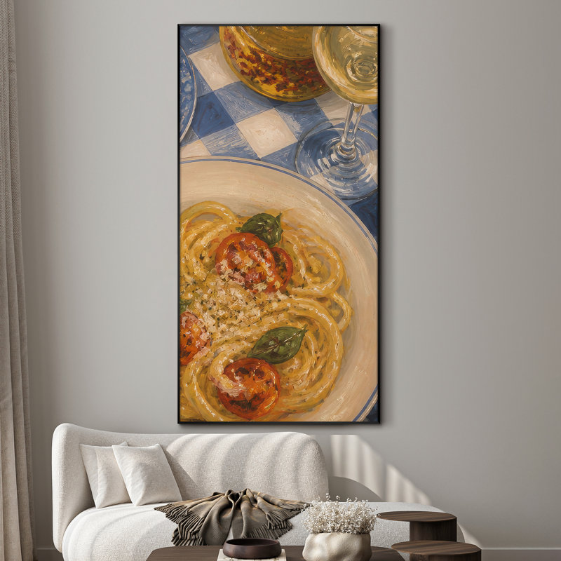 Très grand art mural imprimé sur tissu - Pâtes gourmandes aux tomates, basilic et vin blanc pour le salon ou la chambre à coucher - «Assemblage requis du cadre (cadre non fini)»