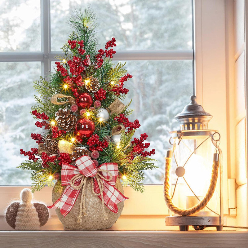 Mini sapin de Noël illuminé 24 po avec arc, boules, baies et pommes de pin, décoration de table DEL