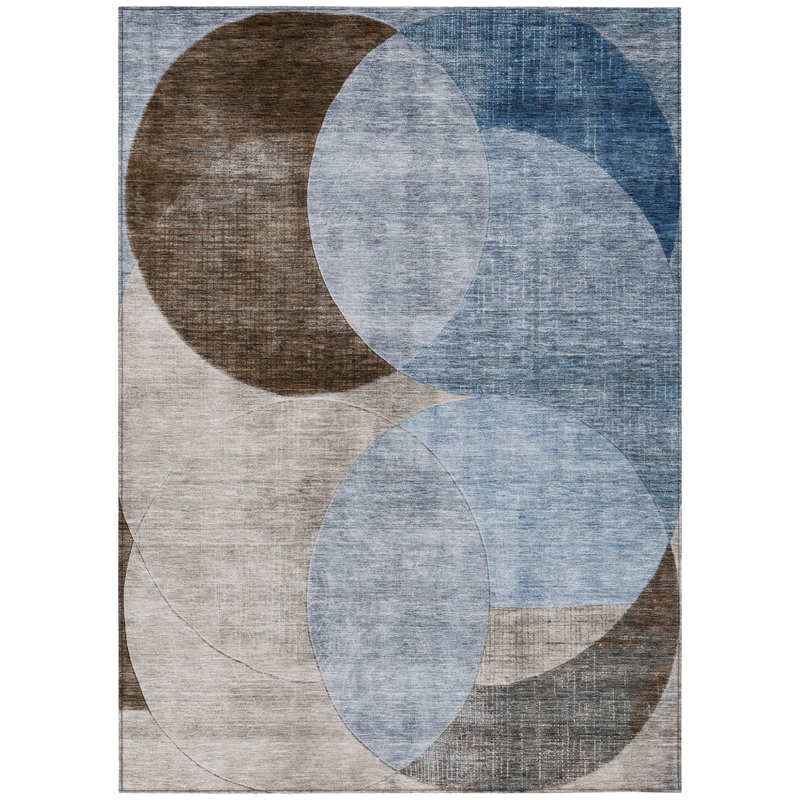 Tapis extérieur lavable à motif géométrique 10 pi x 14 pi bleu brun et beige