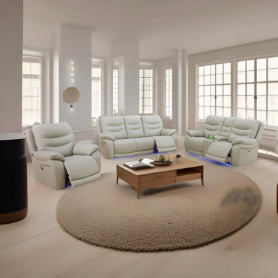 Stone Grey Breathing Leather Living Room Power Recliner Sofa Set, LED Light and USB charger 