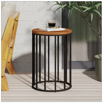 Table d'appoint d'extérieur cylindrique avec plateau rond en bois massif et structure en métal, table d'appoint naturelle de 15 po