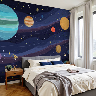Peler et coller le papier peint Planètes de l'espace, étoiles, dessin animé, système solaire, peintures murales, H 100 po x l 144 po, papier peint amovible en PVC, peintures murales auto-adhésives, décoration pour enfants, chambre à coucher, salon, chambre de bébé, bureau