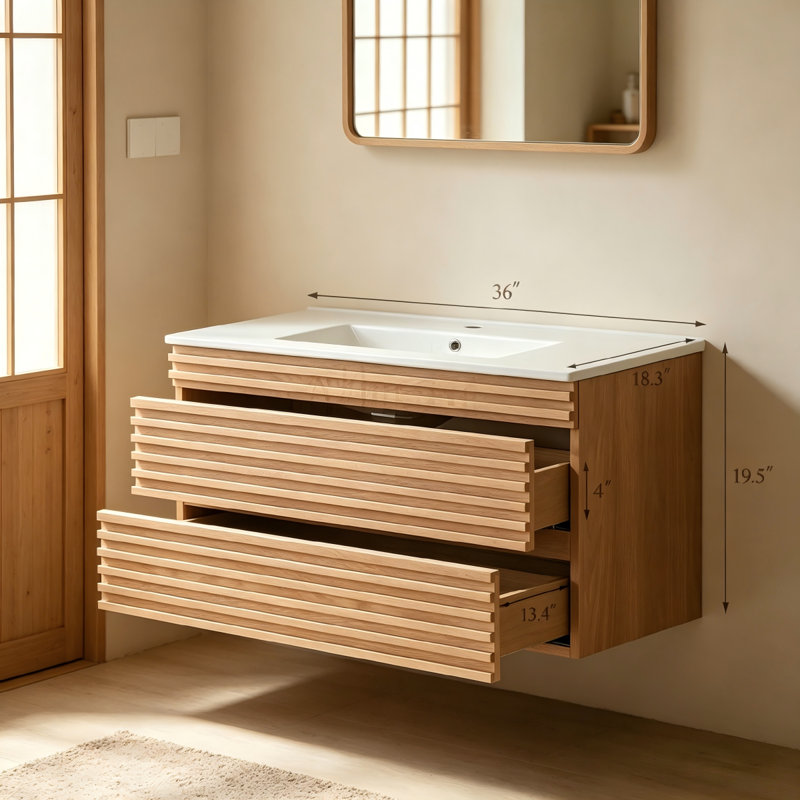 Meuble-lavabo mural flottant simple 36 po avec évier intégré en céramique, contreplaqué de noyer naturel et tiroirs à fermeture en douceur