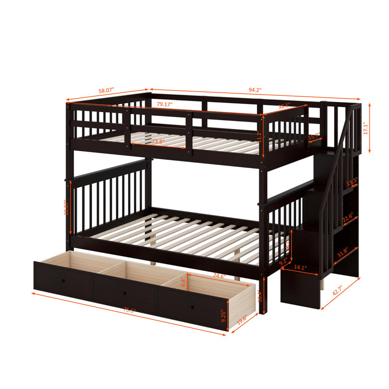 Lit superposé double au-dessus de double avec escalier et tiroirs de rangement, Espresso