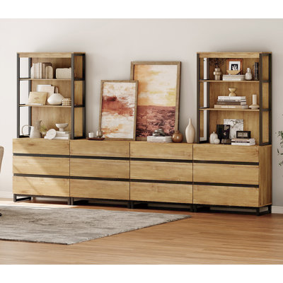Modern 72" Tall Bookcase With 12 Drawers And Open Book Shelfs, Library Book Shelf With Storage Cabinet, Wood Freestanding Bookshelves For Home Office, Living Room