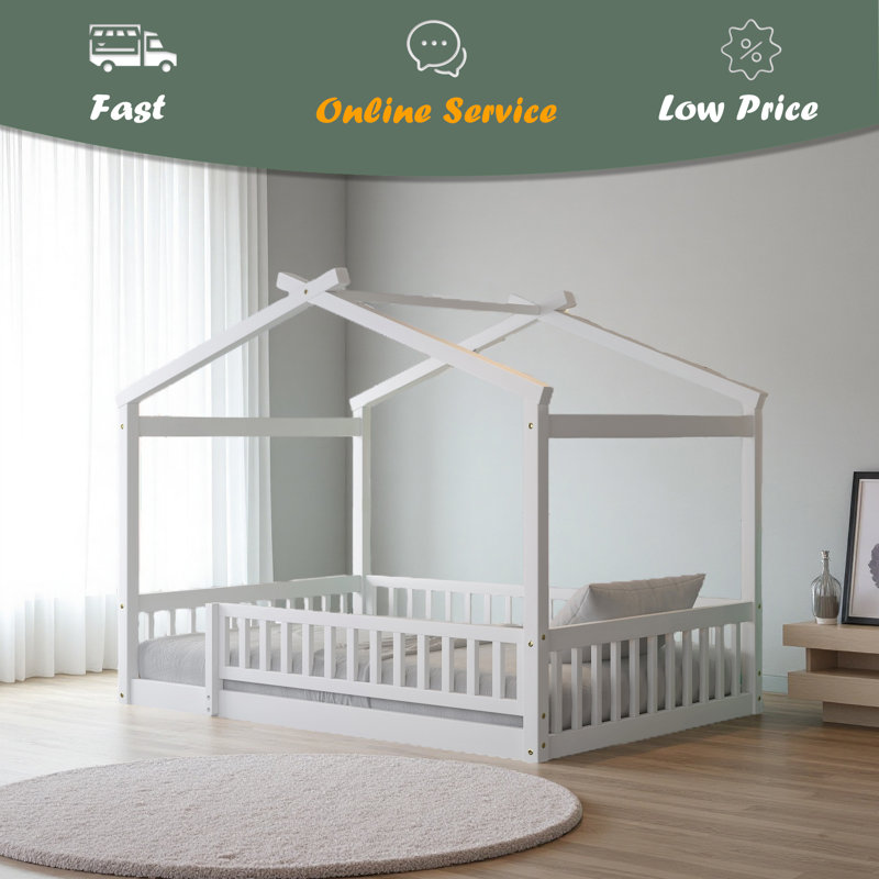 Cadre de lit en bois avec clôture, Double, Blanc