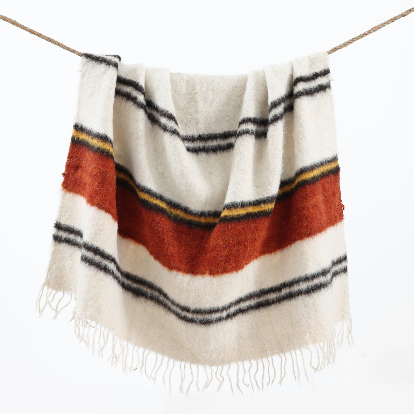 Kahlua Handwoven Wool Throw Blanket, Yellow/Red/Black, Striped