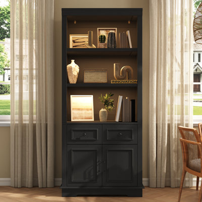 71" Flat-Top Bookcase Cabinet with LED Light, Power Outlet, 2 Drawers & 2 Doors
