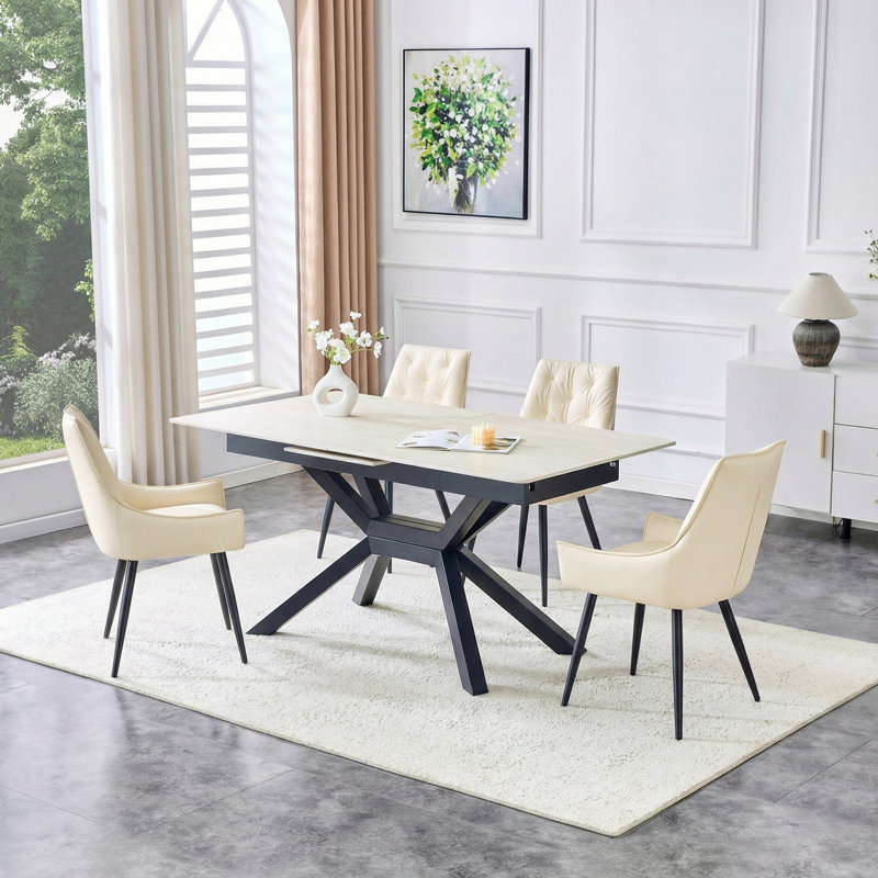 Table de salle à manger rectangulaire moderne avec plateau en panneau de fibres à densité moyenne peint et pieds en métal géométriques robustes