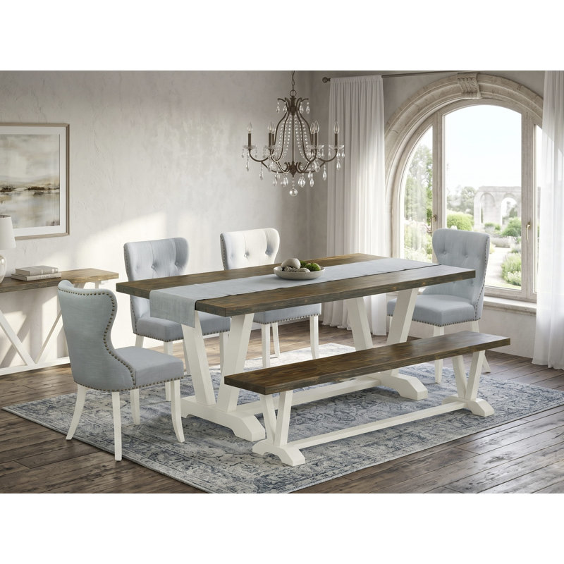 Ensemble de table de salle à manger 6 pièces - 4 chaises de cuisine en tissu de lin bleu bébé avec dossier capitonné - Une table de cuisine et 1 banc de salle à manger en lin brossé blanc.