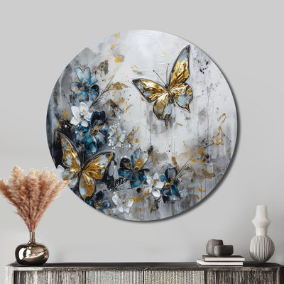 Ailes de papillon doré bleu et fleurs III - art floral rond en métal