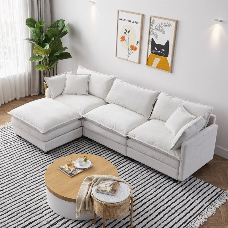 105" Modular L-Shape Sectional with Ottoman, Soft Chenille Fabric, 3-Seat, Beige