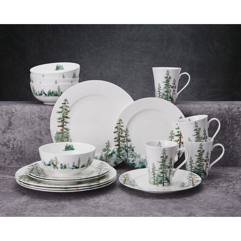 Watercolor Forest White Porcelain 16-Piece Dinnerware Set, Service for 4