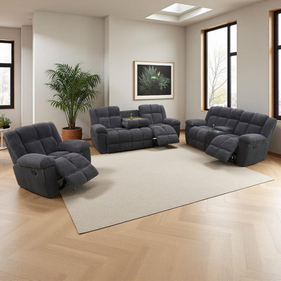 3-Piece Premium Corduroy Manual Recliner Sofa Set With Drop-Down Coffee Table,Cup Holders,And Storage Console by Latitude Run
