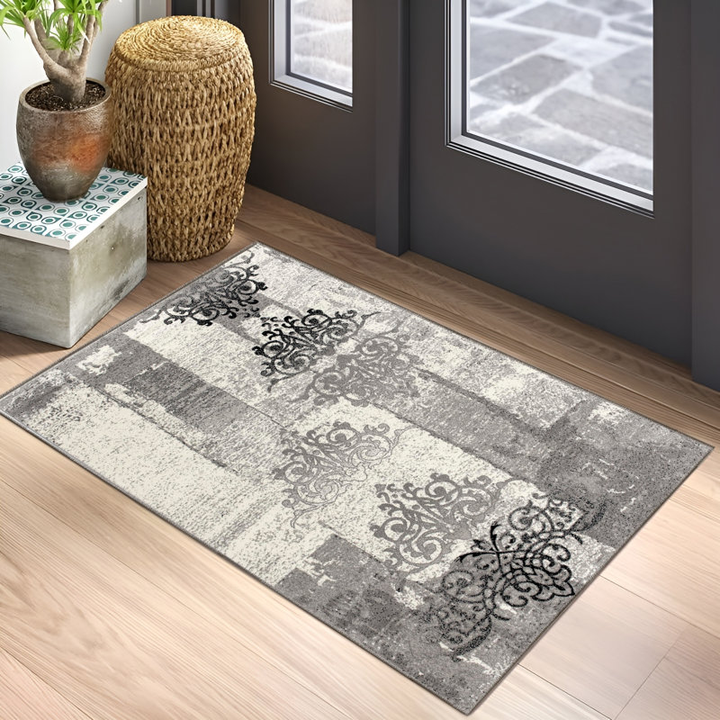 Trawick 10' Gray And Ivory Damask Shag Runner Rug, Rectangle 2'3" x 4'
