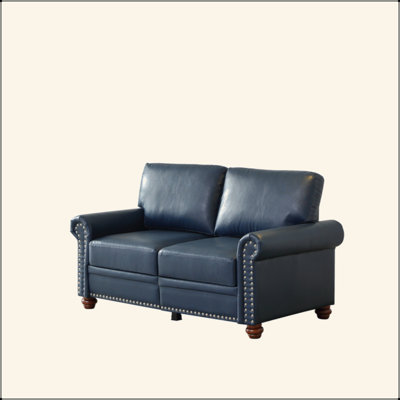 Causeuse de salon avec accoudoirs ronds et faux clous en cuir bleu marine