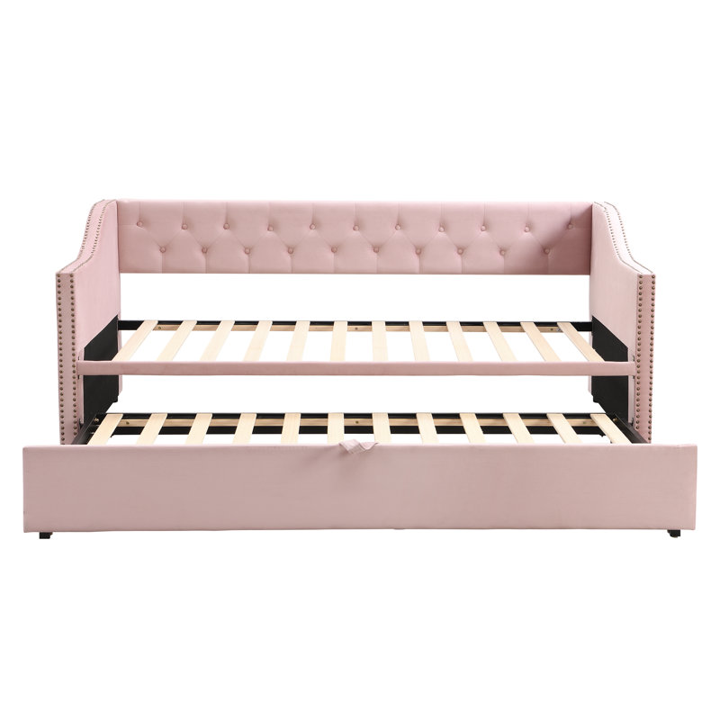 Lit de jour simple tapissier avec couchette escamotable, rose