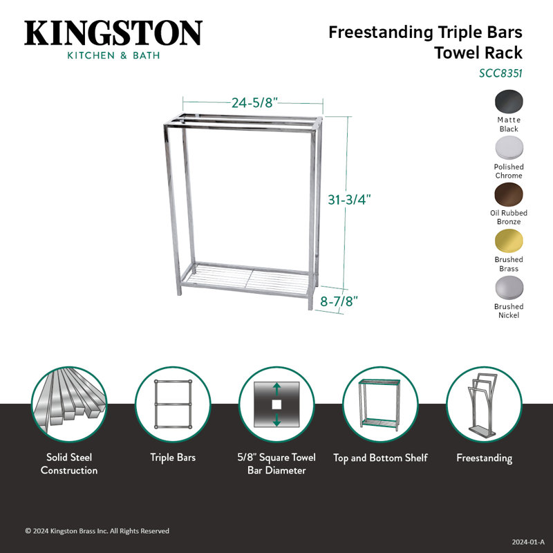 Kingston Brass Edenscape Freestanding 3-Bar Towel Rack, Polished Chrome