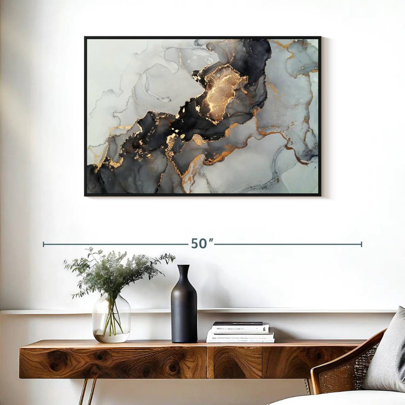 Black And Gold Splash, Floating Frame Black, 37" X 25"