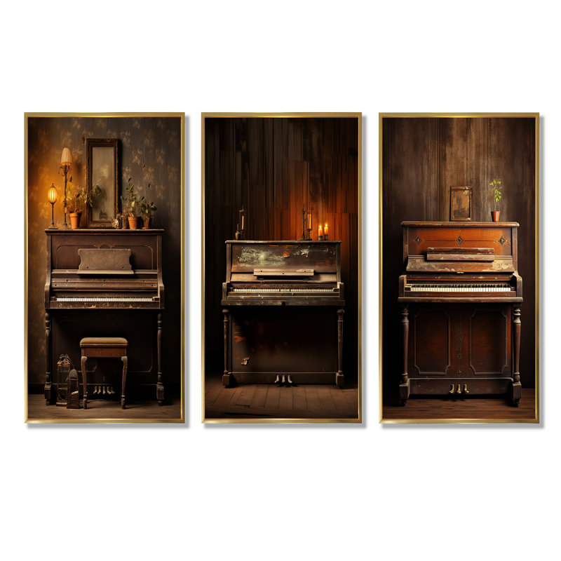 «Vintage Piano Rustic Melody - Music Piano», ensemble d'art mural sur toile, Cadre flottant doré, H 32 po x l 48 po