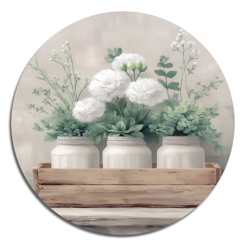 Rustic Farmhouse Peonies - Farm Metal Wall Decor Round, 16" W x 16" H