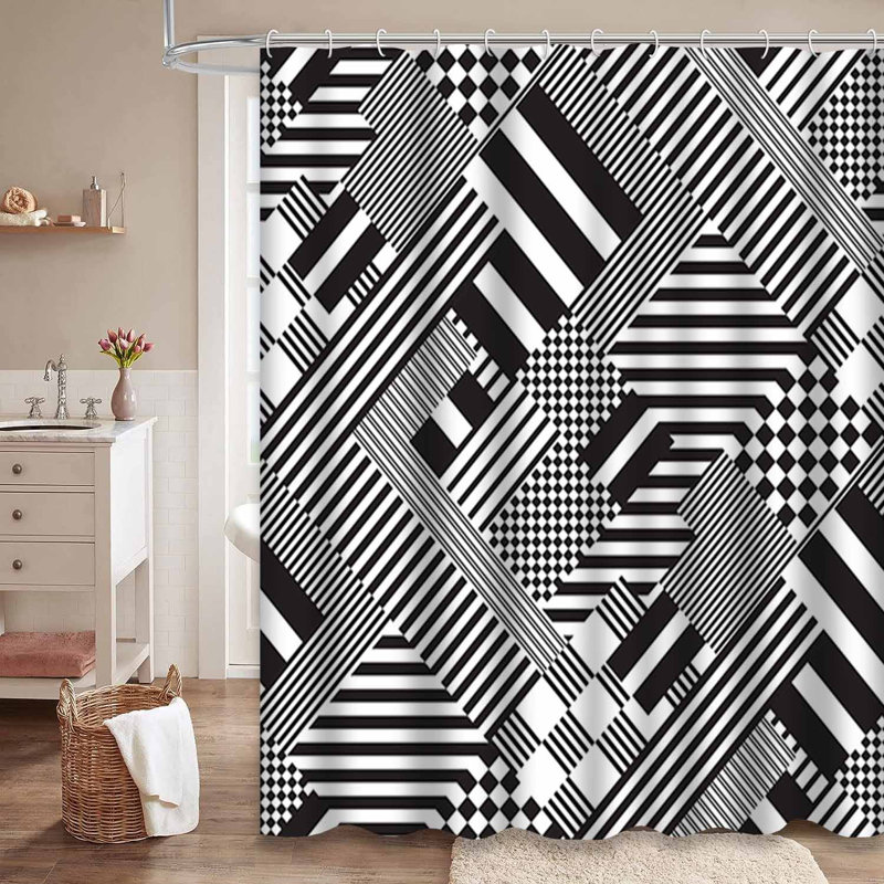 Rideau de douche sans couture à lignes abstraites et blanches avec 12 crochets, L 72 po x l 72 po