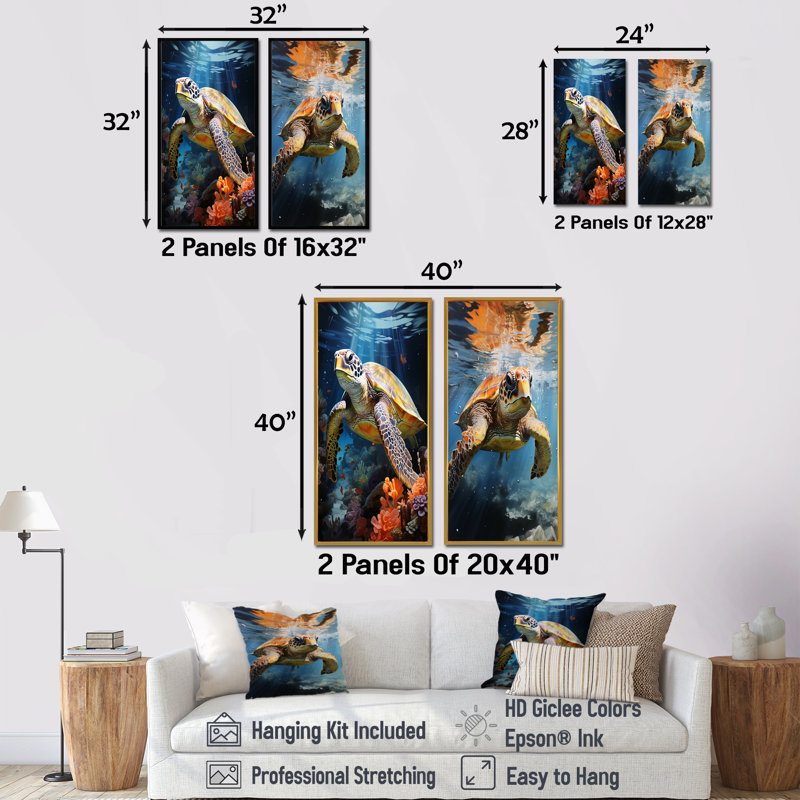 Dreamy Marine Encounter - Tortue, ensemble de 2 reproductions d'art mural, Toile tendue, H 40 po x l 41 po