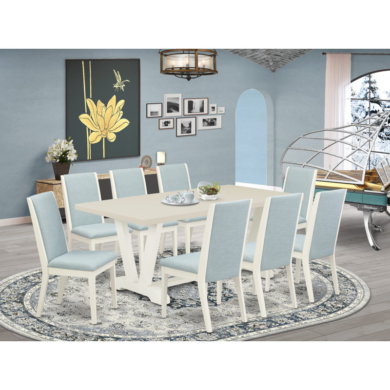 9-Piece Set Contains a Linen White Kitchen Table and 8 Baby Blue Linen Fabric Dining Chairs with High Back - Wire Brushed Linen White.