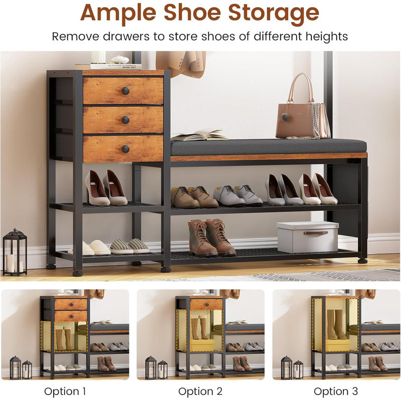 Hall Tree With Bench And Shoe Storage,7-in-1 Entryway Bench With Coat Rack, Hall Tree With Storage Bench, Hangrod And 9 Hooks, Rustic 