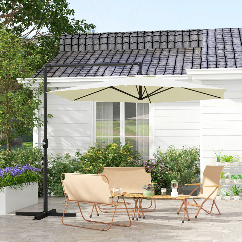 Parasol de patio en porte-à-faux 9,5 pi avec manivelle, base croisée et évent d'aération, parasol rond suspendu et décalé, parasol d'extérieur robuste