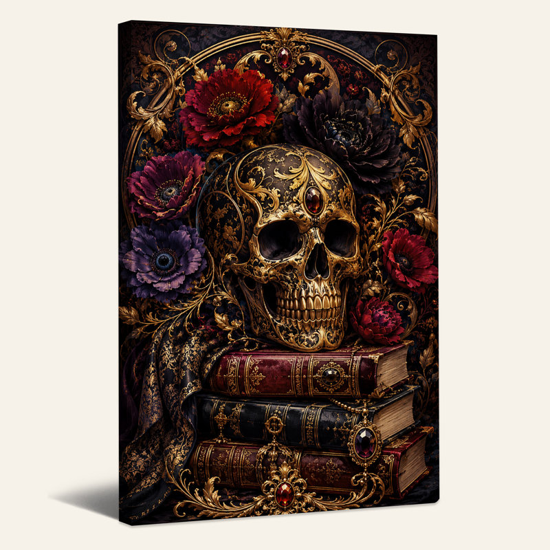 Toile dorée crâne doré avec fleurs rouges et livres anciens, 30"H x 20"W