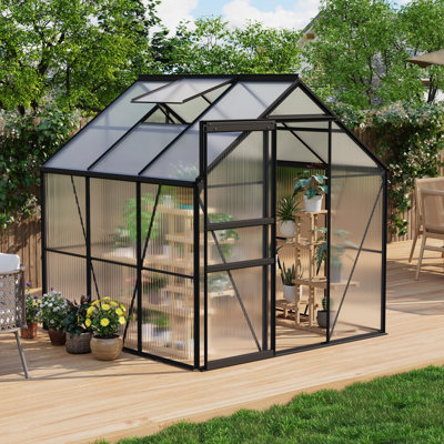 6x6 FT Walk-In Polycarbonate Greenhouse, Heavy Duty Aluminum Frame with Sliding Door & Adjustable Roof Vent, for Backyard, Garden or Patio - Original Color