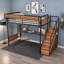 Lit mezzanine en métal avec bureau, prise de courant, bande DEL, panneau perforé, paniers en filet et garde-robe ouverte-372865459-372865457
