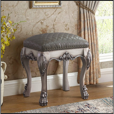 Tabouret de coiffeuse gris et blanc rétro avec siège capitonné