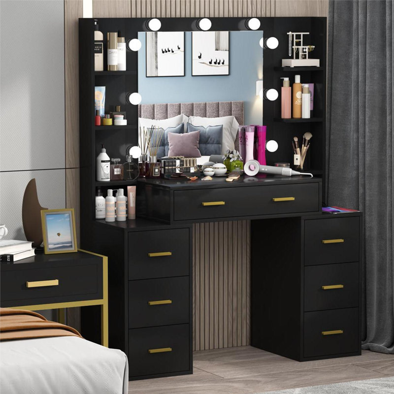 Coiffeuse 43 po avec 3 couleurs d'éclairage Pradep, Noir