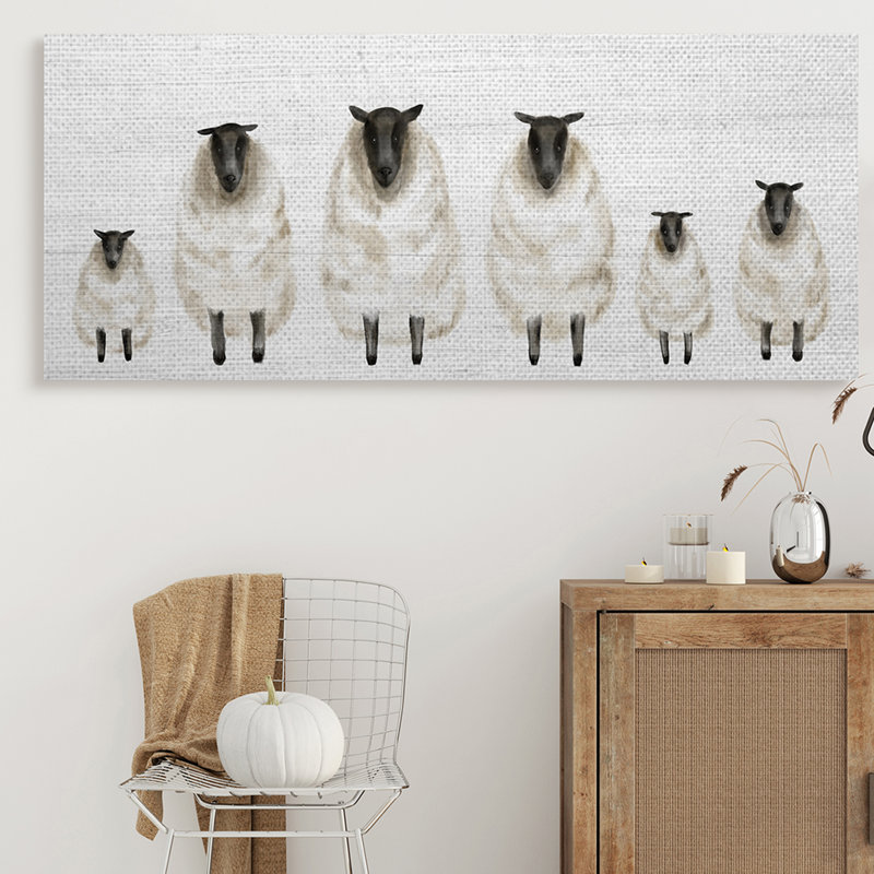 " Fluffy Farm Sheep Minimal White Plank Pattern ", Wrapped Canvas, 20" H x 48" W 