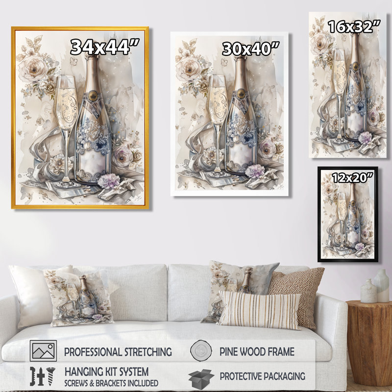 Elegant Sparkling Wedding Champagne I - Champagne, art mural, H 44 po x l 34 po, Toile tendue