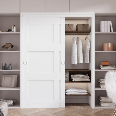 80" 3-Panel White Solid Manufactured Wood  Sliding Closet Door with Installation Hardware Kit