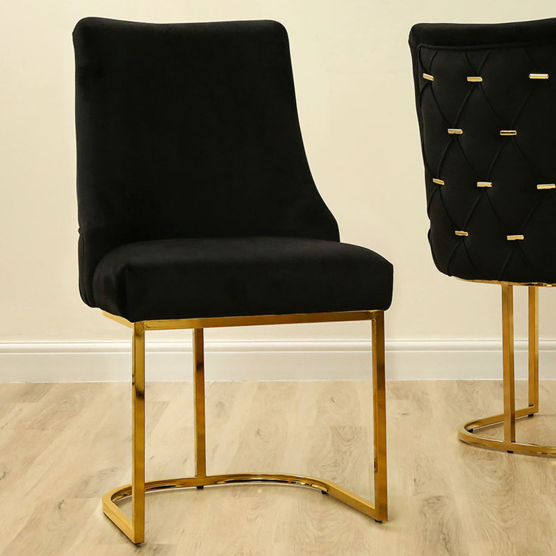 Ajan 55cm H Tufted Velvet Upholstered Upholstered Back Side Chair, Black, Gold