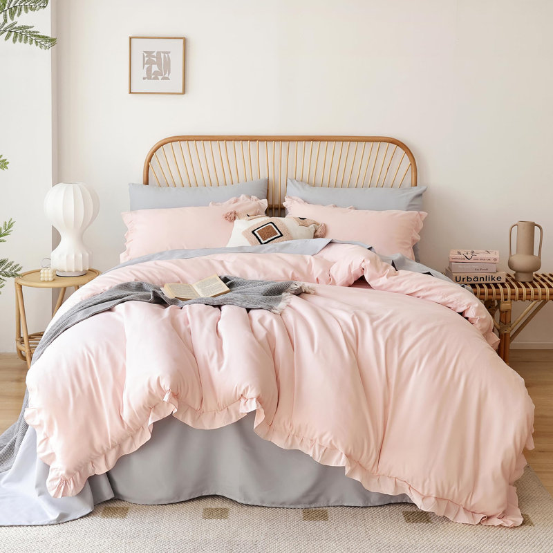 Ensemble d'édredon 3 pièces Ruffle, Rosé, Édredon grand + 2 taies d'oreiller standard