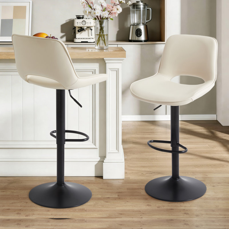 Adjustable Height Bar Stool, Easy-Clean Faux Leather Seat with Half Round Footrest, Sturdy Black Metal Frame for Kitchen Island