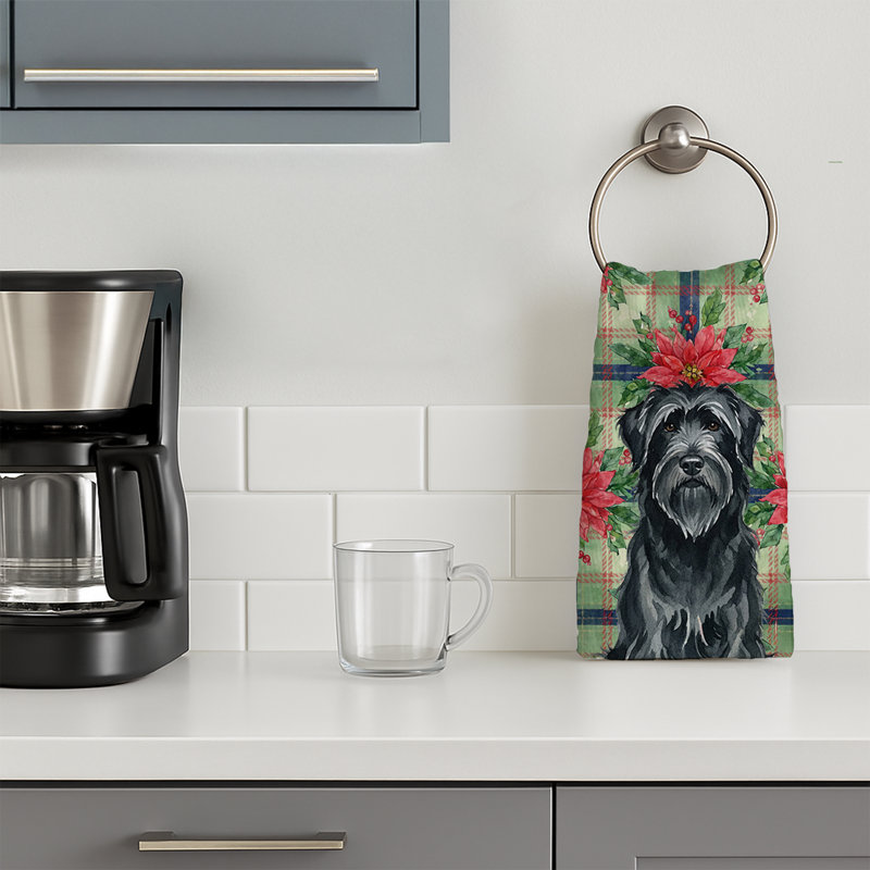 Black Briard Christmas PoinsettIas Kitchen Towel, Black Briard
