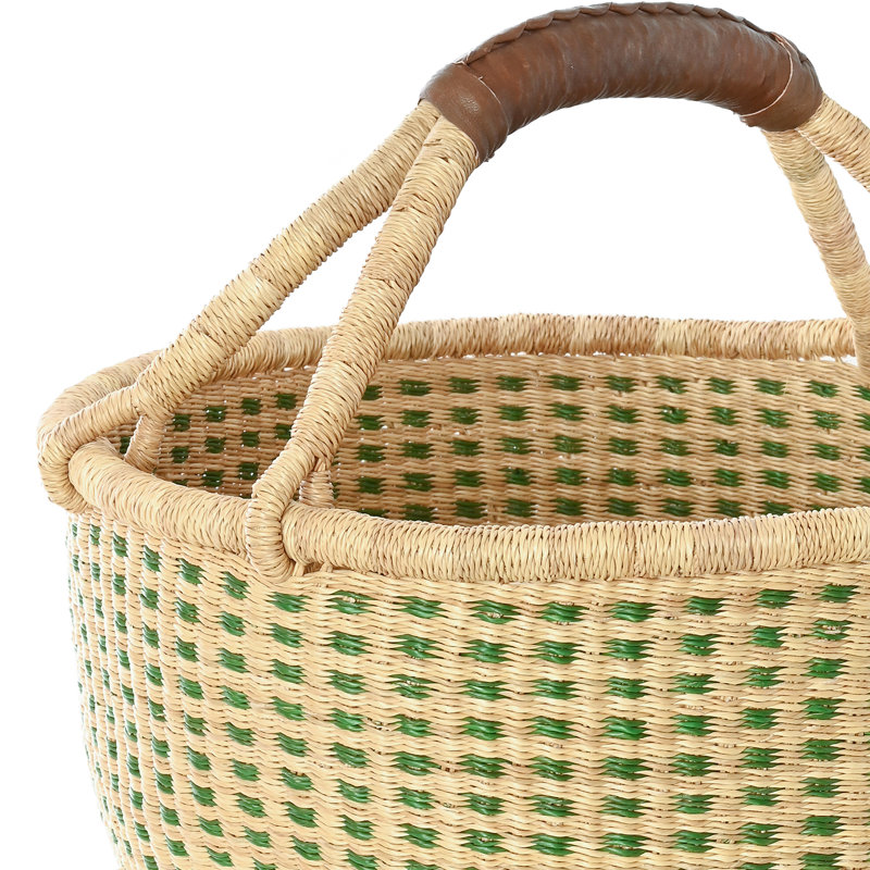 Panier bolga à carreaux vert forêt et naturel, Vert / Naturel