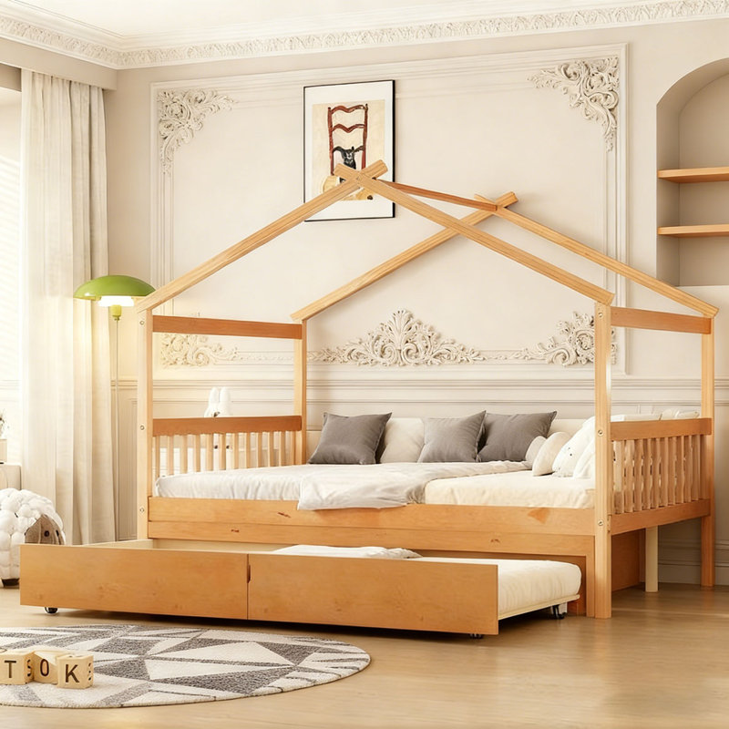 Lit en bois avec lit gigogne simple, Naturel