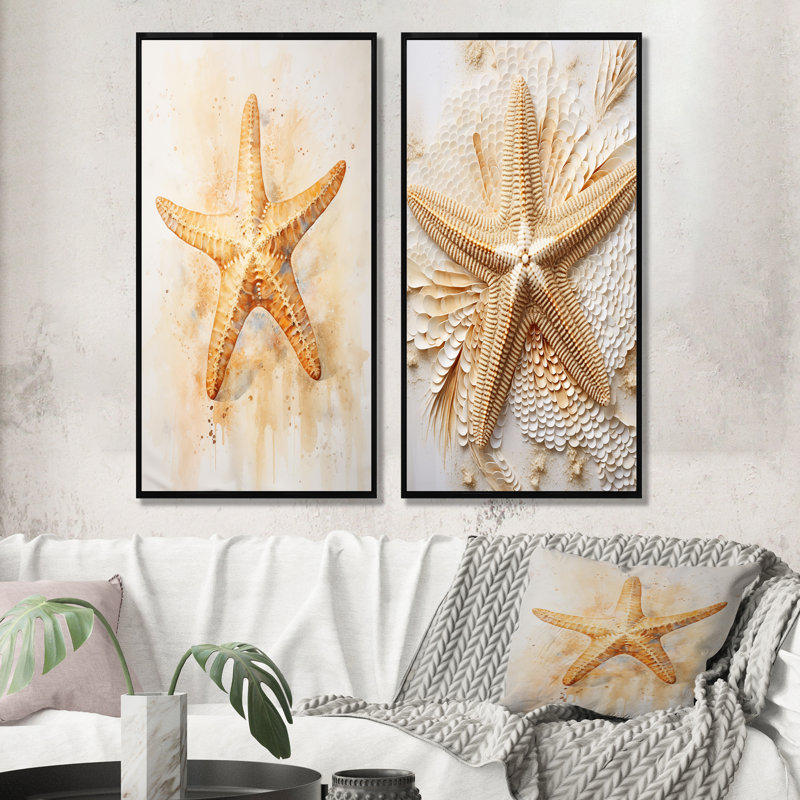 Ensemble de salon mural étoile de mer beige et doré minimalisme, H 28 po x l 25 po, Cadre flottant noir