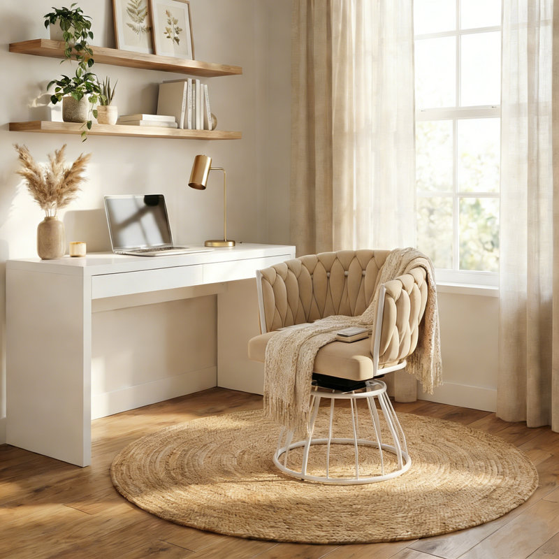 Comfy Swivel Chair Home Office Chair with Hand Woven Back, Beige