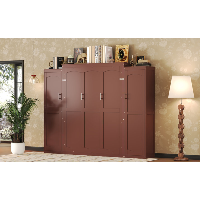 Lit escamotable avec 2 armoires et tablette de rangement - noyer, Double